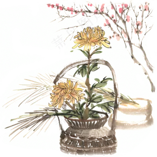 菊松梅组合水墨画PNG免抠素材