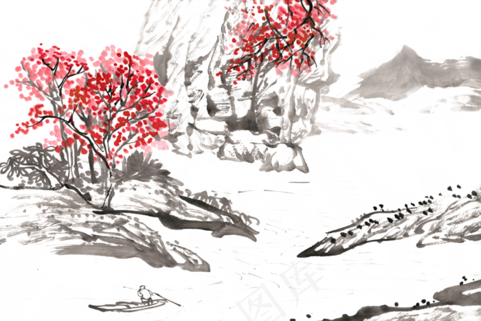 山峡流水水墨画PNG免抠素材