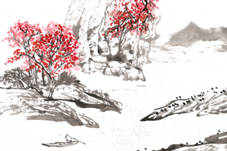 山峡流水水墨画PNG免抠素材