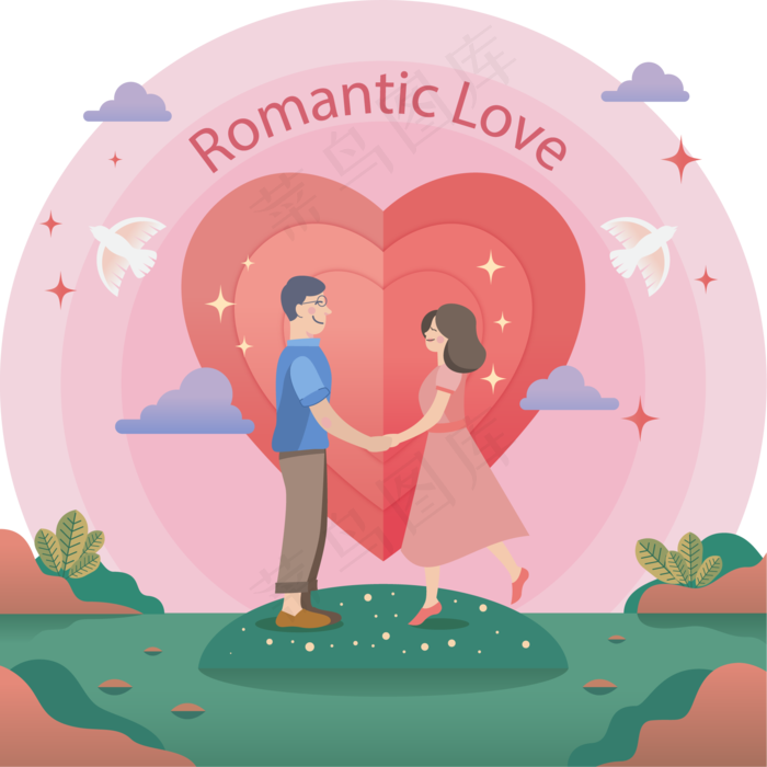 情人节七夕矢量浪漫彩色情侣牵手