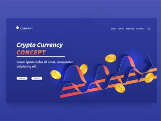 基于加密货币概念的登陆页，蓝色背景上有金色比特币和波浪。