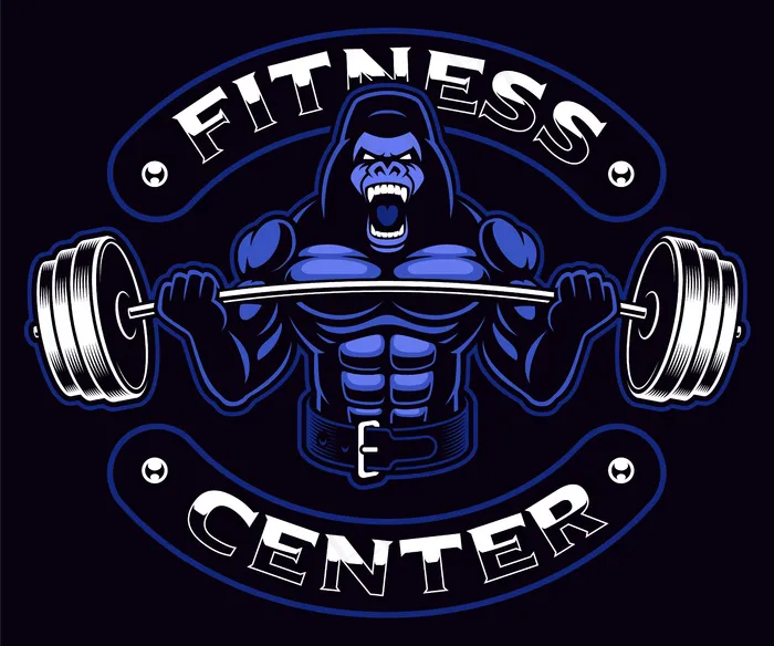 黑色背景上有杠铃的大猩猩健美运动员的运动吉祥物。文本位于单独的组中，易于删除。eps,ai矢量模版下载