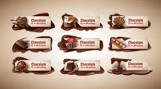 矢量插图集，与巧克力糖果，巧克力棒，可可豆和融化巧克力横幅banner