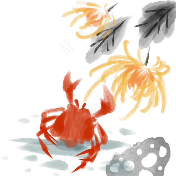 水墨重阳节螃蟹菊花(2000X2000(DPI:300))psd模版下载