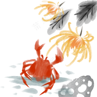 水墨重阳节螃蟹菊花