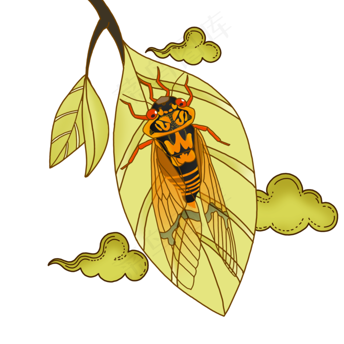 手绘古风秋天禅意金蝉知了