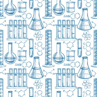 无缝的蓝色和白色背景与化学设备和配方。手绘插画