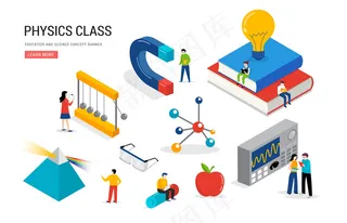 物理实验室和学校课堂科学教育场景与微型人学生等距