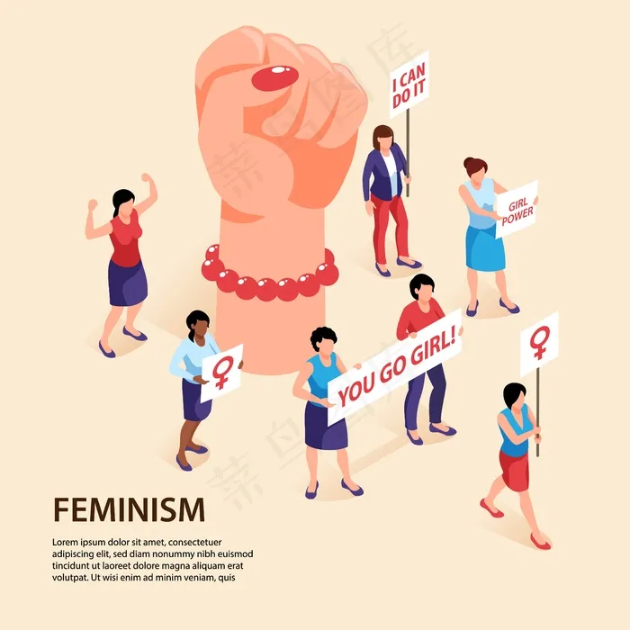 等距女权主义背景与可编辑的文本和手拳头与*妇女的特点与标语牌矢量插图eps,ai矢量模版下载