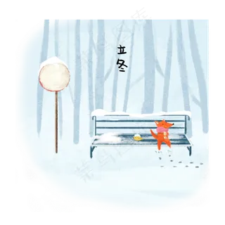 立冬公园长椅下雪可爱狐狸节气