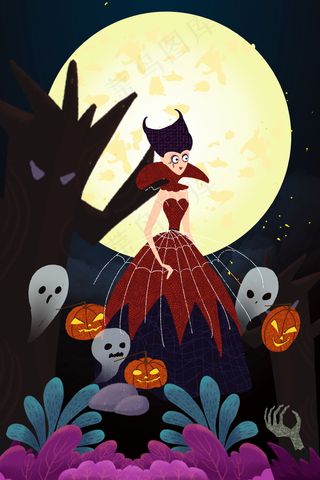 万圣节卡通手绘 夜晚 化妆舞会神秘创意背