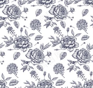 复古花卉无缝图案与手绘玫瑰。