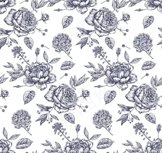 复古花卉无缝图案与手绘玫瑰。