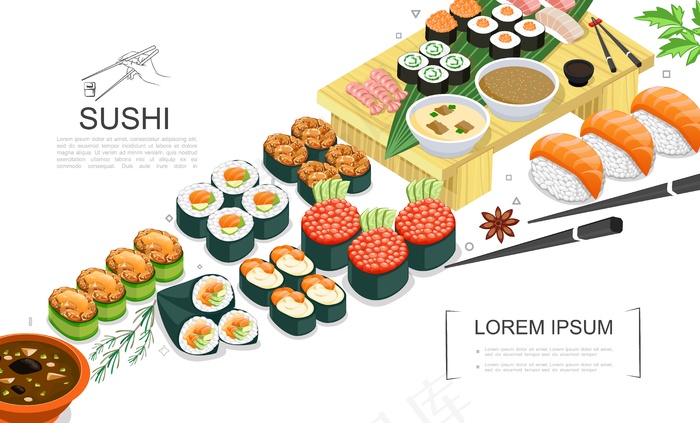 等距寿司食品系列，配有不同类型的生鱼片卷、香料、海藻酱、芥末筷子插图eps,ai矢量模版下载