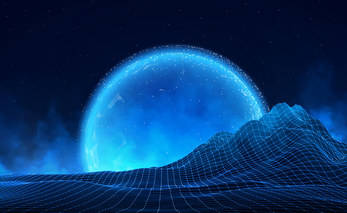 抽象数字景观，星星在地平线上。线框横向背景。大数据。80年代复古科幻背景eps,ai矢量模版下载