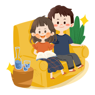 七夕卡通情侣一起看书PNG素材