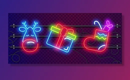 一套圣诞玩具和装饰品彩色霓虹灯标志