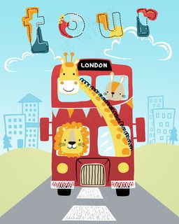 红色巴士上的滑稽动物卡通