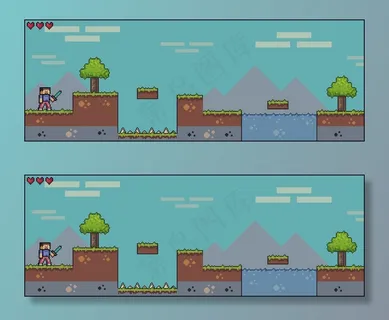 象素艺术游戏场景用地草树天空云男角色