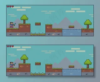 象素艺术游戏场景用地草树天空云男角色