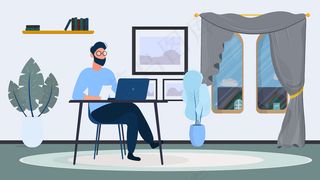 一个戴眼镜的人坐在办公室的桌子旁。一个人在笔记本电脑上工作。办公室，书架，商人，落地灯。办公室工作理念。