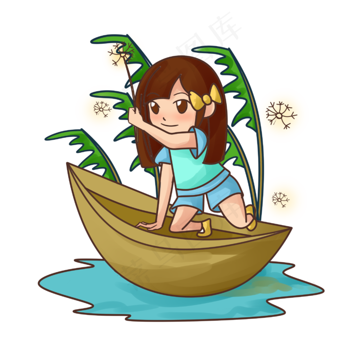寒露女孩划小船插画