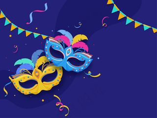 五颜六色的狂欢节面具，蓝色背景上有五彩纸屑和彩旗。