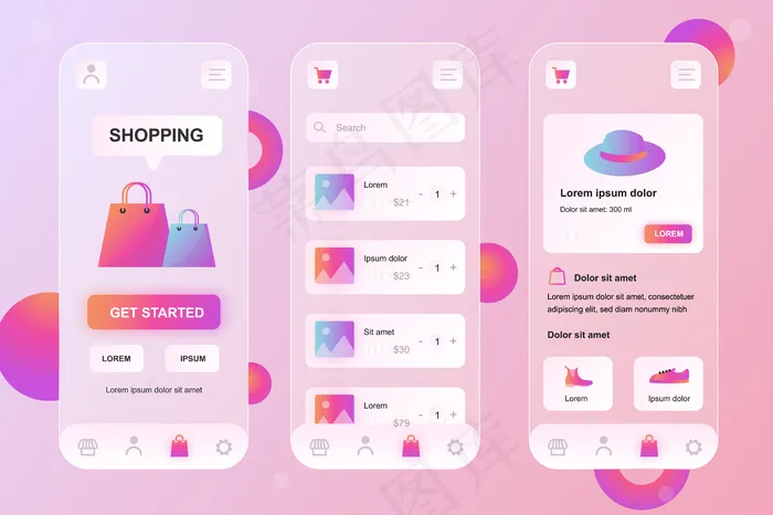 移动购物glassmorphic design neumorphic elements kit for Mobile app ui ux gui屏幕集eps,ai矢量模版下载
