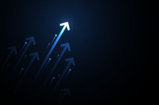 深蓝色背景上的亮箭头向上电路，带有复制空间复制插图，业务增长概念。