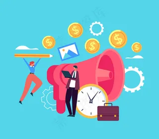 推广团队合作扩音器工作。广告概念。