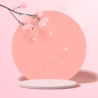 具有几何形式的抽象极小场景。圆柱形讲台展示或展示产品模型样机，粉红色背景，纸樱花。