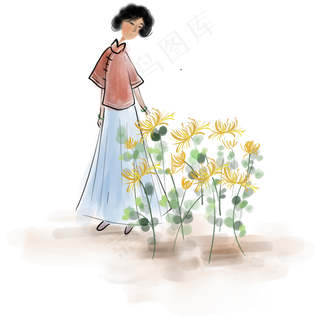 中秋节赏菊水墨民国少女