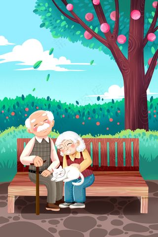 绿色系卡通手绘风养老老人猫咪配图