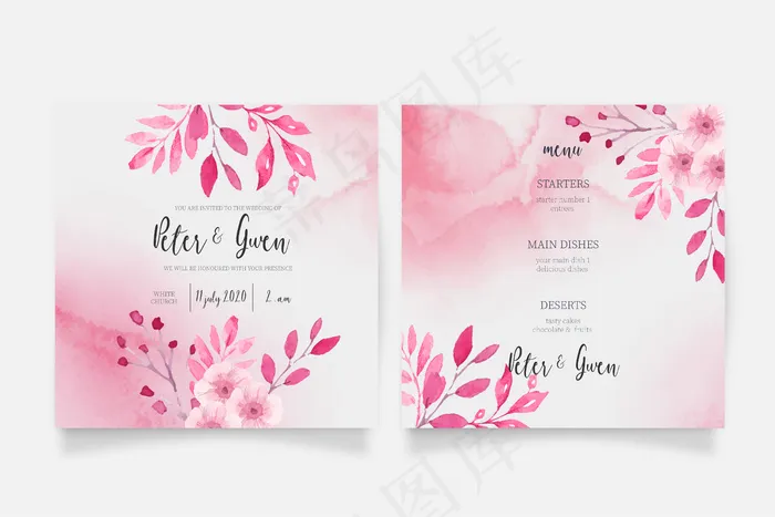 粉色水彩婚礼邀请及菜单模板eps,ai矢量模版下载