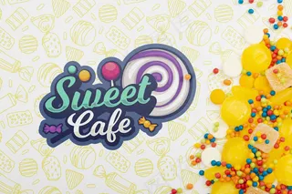 甜甜的咖啡店标志和黄色糖果