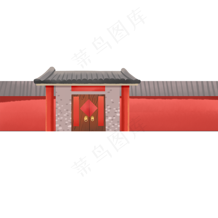 红色喜庆春节大院建筑,免抠元素(2000X2000)