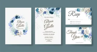 带蓝玫瑰花套装的婚礼请柬模板