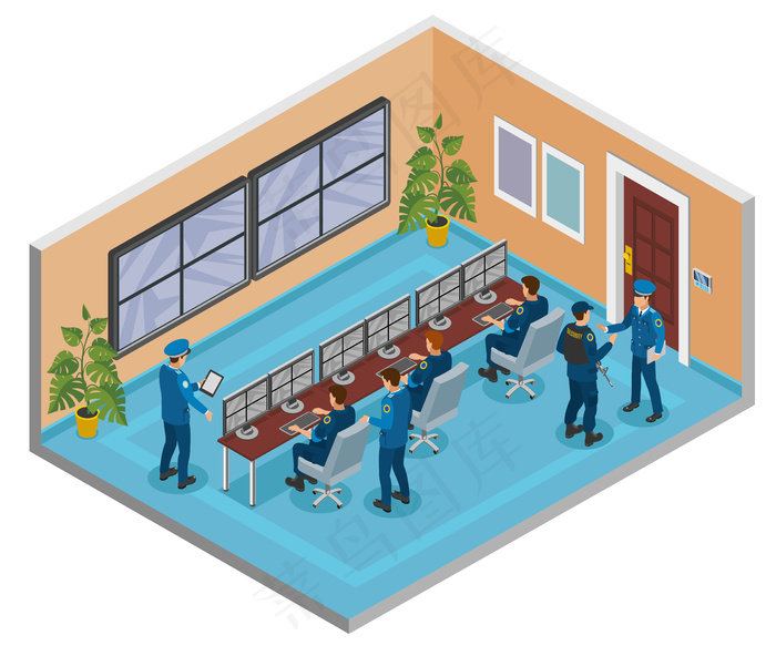 安全系统等距图，配有闭路电视监控摄像机，监控和响应操作员和官员房间内部eps,ai矢量模版下载