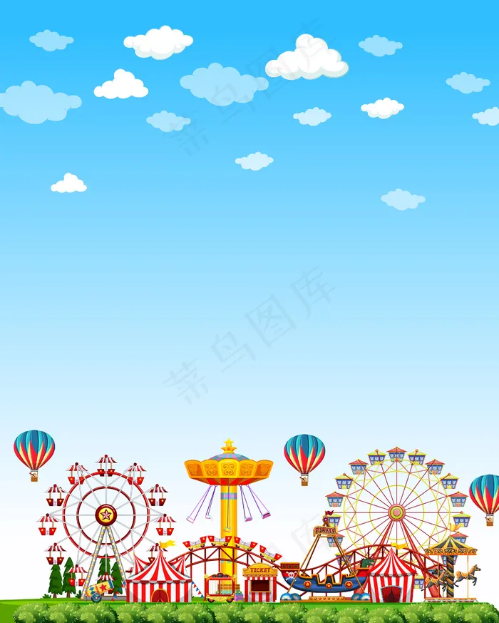 白天的游乐园景色，天空一片空白，蔚蓝明亮eps,ai矢量模版下载