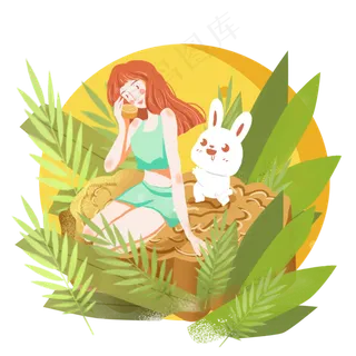 圆月中秋兔子女生png素材