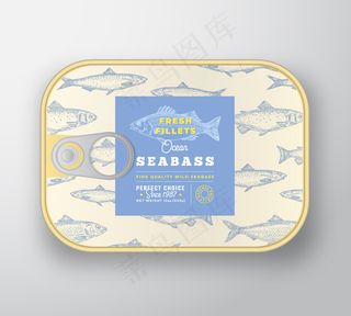 罐头鱼标签模板。带标签盖的抽象鱼铝容器。