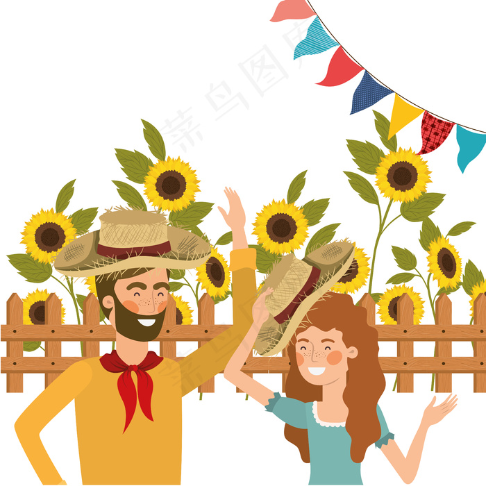 农民夫妇戴草帽谈话