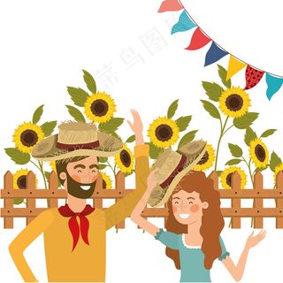 农民夫妇戴草帽谈话