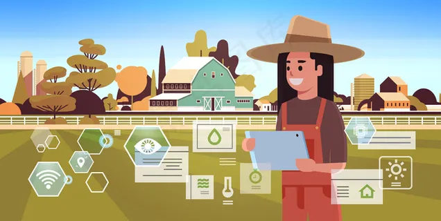 带平板电脑的女农民监控条件控制农产品收获组织智能农业概念农场建筑景观肖像