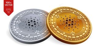 加密货币白色背景上带有卡达诺符号的金银币。