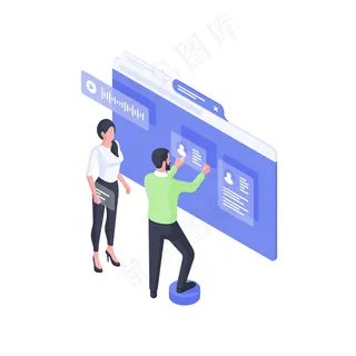 开发人员创建在线用户帐户等轴测插图。男性和女性角色使网页组合附加客户简历和视频页面。沟通社会界面概念。