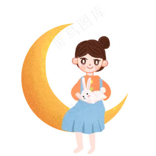 卡通小女孩抱兔子中秋手绘元素