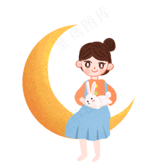卡通小女孩抱兔子中秋手绘元素