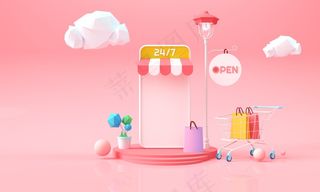 电话在线购物。网络营销背景广告，横幅banner，宣传册和网页模板。三维渲染插图。