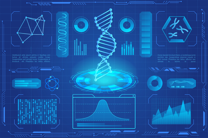 Dna 现代霓虹灯全息图、微生物学、遗传生物技术、dna 数据图、图表eps,ai矢量模版下载